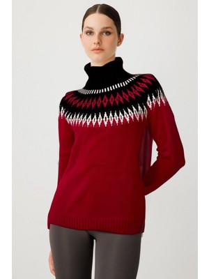 Desen Triko Kadın Tam Balıkçı Yaka Robası Baklavalı Yün Kazak K.kırmızı