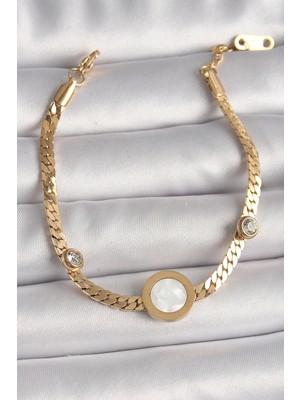 Shopwave Dila 316L Çelik Gold Renk Yassı Zincir Model Zirkon Taş Detaylı Beyaz Mineli Madalyon Model Kad�
