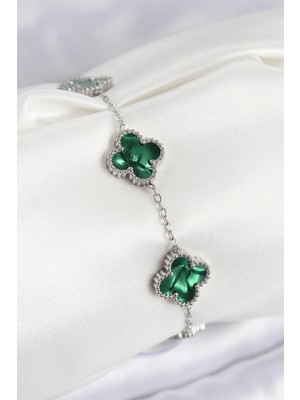 Shopwave Dila 316L Çelik Sedefli Zümrüt Yeşil Gümüş Renk Yonca Kadın Bileklik 115524