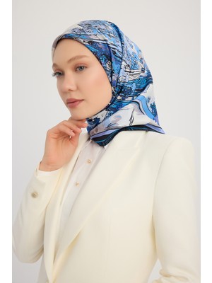 Schaless Hilal Şehri - Indigo - %100 Ipek Twill Eşarp - 90X90 cm