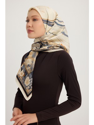 Schaless Gök Çiçeği - Ekru - %100 Ipek Twill Eşarp - 90X90 cm