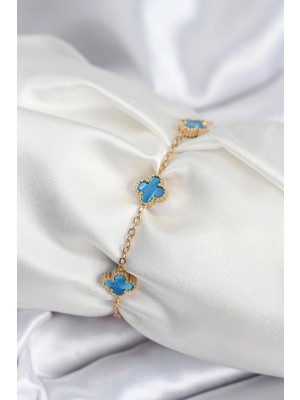 Shopwave Dila 316L Çelik Gold Renk Buz Mavisi Baby Boy Yonca Kadın Bileklik 115524