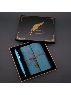 Steplya Siyah Kutulu Yaprak Desenli Mavi Deri Defter ve Kalem Seti 1126778