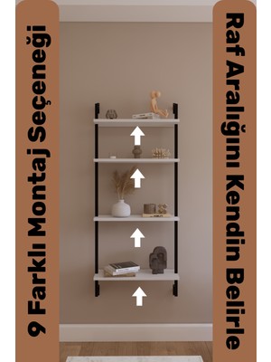 Solto Home OB4-13 Duvara Monte Modüler 4 Raflı Siyah Metal Kitaplık | Modern Dekoratif Beyaz Duvar Rafı | Reyon Rafı | Ofis – Salon - Mağaza Raf Sitemi