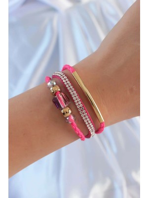 Shopwave Dila Pembe Renk Zirkon Taşlı Deri Çoklu Bileklik 115524