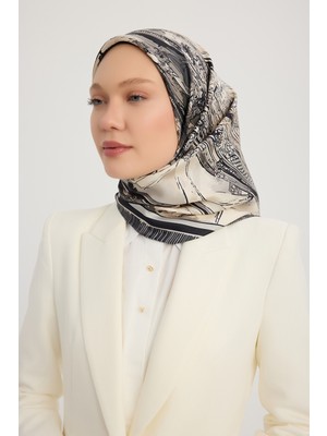 Schaless Hilal Şehri - Siyah - %100 Ipek Twill Eşarp - 90X90 cm