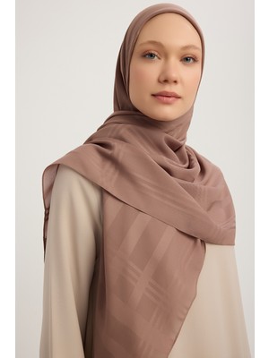 A25256 Jakarlı Ekose Şifon Eşarp 120X120CM - Vizon