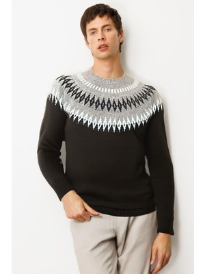 Desen Triko Erkek Sıfır Yaka Robası Baklavalı Yün Kazak M.kahve