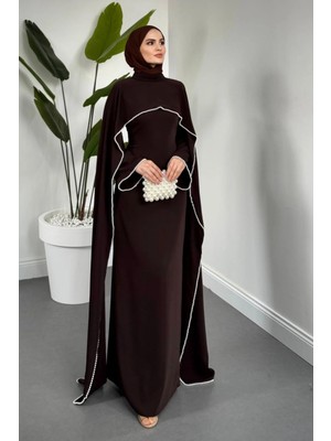 Tesettür Diyarı Mayres Pelerinli Incili Krep Tesettür Abiye- Acı Kahve