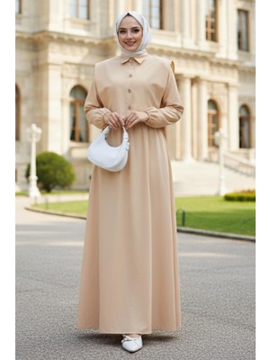 Bolerolu Beli Lastikli Tesettür Elbise Bej HM262756