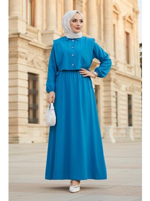 Bolerolu Beli Lastikli Tesettür Elbise Mavi HM262756