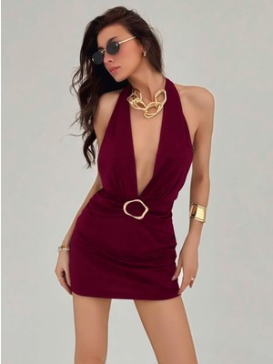 Intive Lingerie Kadın Bordo Aksesuar Detaylı Boyundan Bağlamalı Şık Tasarım Fantezi Elbise 5140