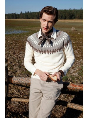 Desen Triko Erkek Sıfır Yaka Robası Baklavalı Yün Kazak Kemik