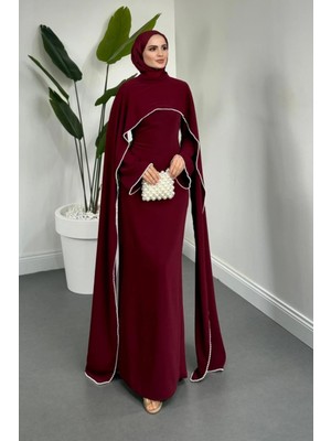 Tesettür Diyarı Mayres Pelerinli Incili Krep Tesettür Abiye- Bordo