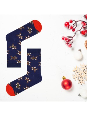 Carnaval Socks Gingerbread Man Desenli Yılbaşı Kurabiye Tasarılı Unisex Lacivert Soket Çorap
