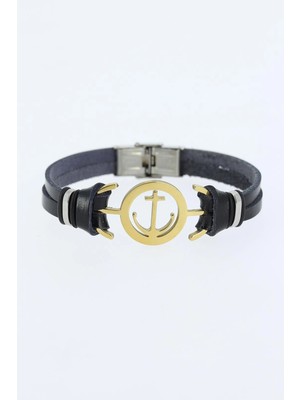 Shopwave Dila Gold Renk Deniz Çapası Figürlü Metal Aksesuarlı Siyah Renk Deri Erkek Bileklik 115524