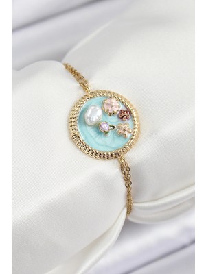 Shopwave Dila 316L Çelik Zincir Turkuaz Mineli Sanatsal Portre Inci Detaylı Çiçek Model Gold Renk Kadın