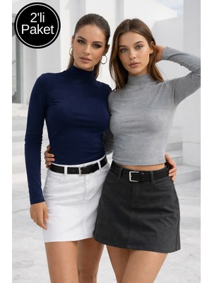 Rich Kadın Lacivert Gri 2'li Paket Yarım Balıkçı Yaka Uzun Kollu Crop Bluz