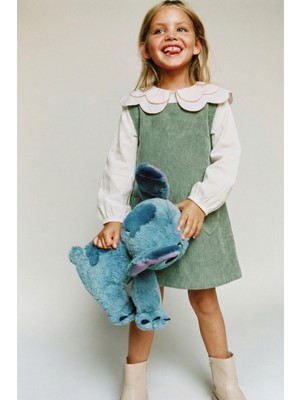 Magu Kız Çocuk Pamuklu Yeşil Kadife Kalp Cepli Elbise