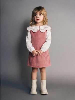 Magu Kız Çocuk Pamuklu Pembe Ekru Fırfır Yaka Jile Elbise Takım - Kalp Cep Detaylı Uzun Kollu Bluzlu