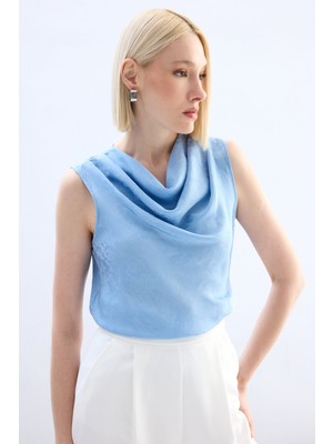 Sateen Degaje Yaka Bluz - Bebe Mavi