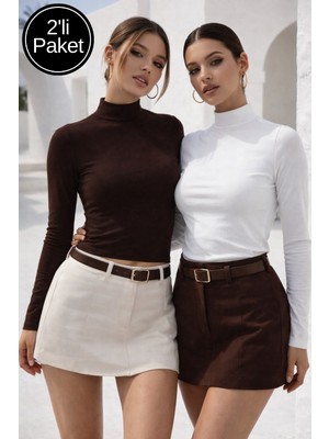 Rich Kadın Kahverengi Beyaz 2'li Paket Yarım Balıkçı Yaka Uzun Kollu Crop Bluz
