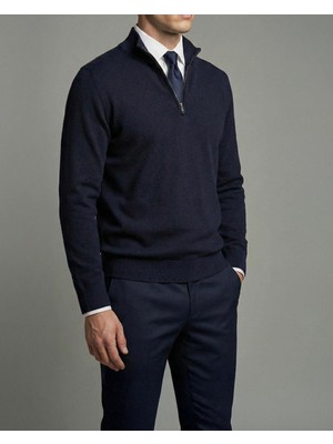 Italyan Stil Slim Fit Erkek Yarım Boğazlı Fermuarlı Triko Kazak Lacivert T13110