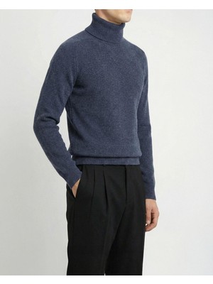 Italyan Stil Slim Fit Triko Balıkçı Yaka Boğazlı Kazak Lacivert  T13602