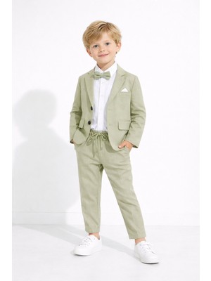 Cansın Mini Yeşil Keten Ceket ve Pantolonlu Erkek Çocuk Papyonlu 4lü Takım Elbise  23522