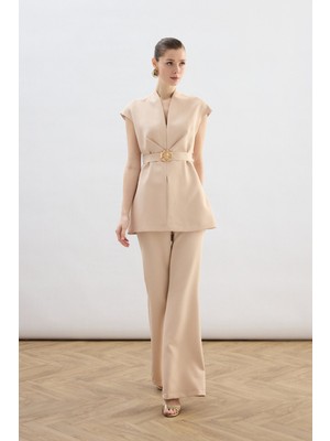 Sateen Aksesuar Kuşaklı Kolsuz Bluz - Bej