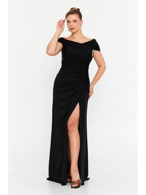 Şeref Vural Kadın Büyük Beden Simli Derin Yırtmaçlı Maxi Abiye Elbise 8210 Siyah
