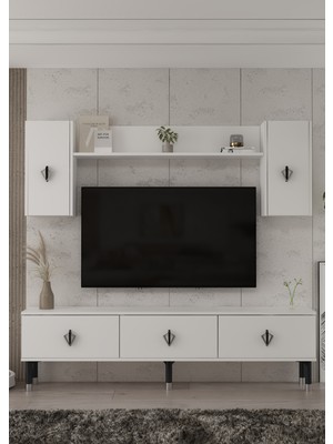 Demonte Decor 1369TV180DD-32 Tv Sehpası,tv Ünitesi Beyaz-Siyah Gümüş