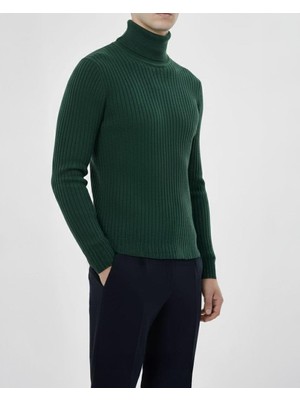 Italyan Stil Slim Fit Fitilli Erkek Triko Kazak Yeşil T13271