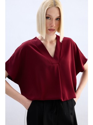 Sateen Geniş Kısa Kollu Bluz - Bordo