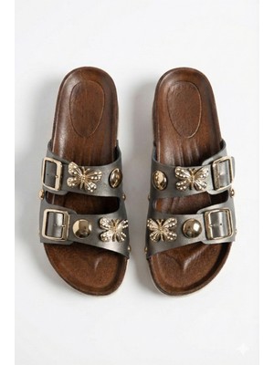 Nmoda Kadın Çift Tokalı Ayarlanabilir Kemerli Kalın Taban Ortopedik Günlük Dış Mekan Terliği