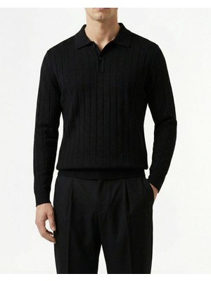 Italyan Stil Slim Fit Polo Yaka Triko Kazak Siyah T14487
