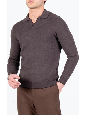 Italyan Stil Slim Fit Polo Yaka Erkek Triko Kazak Kahverengi T15097