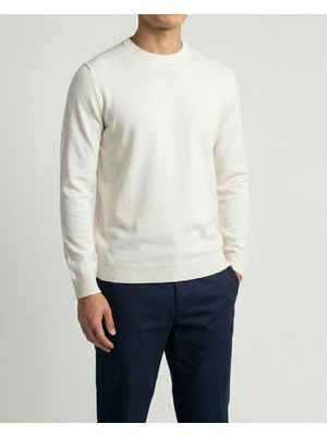 Italyan Stil Slim Fit Bisiklet Yaka Erkek Triko Kazak Ekru T15083