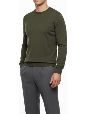 Italyan Stil Slim Fit Bisiklet Yaka Triko Kazak Haki T14499