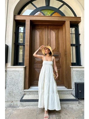 Moderie Butik Ekru Askılı Parçalı Müslin Elbise