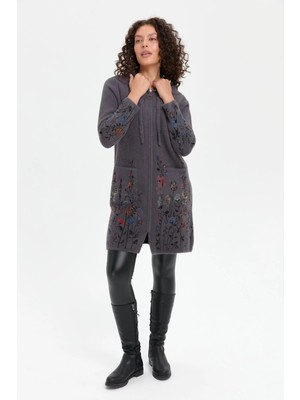 Desen Triko Kadın Kapüşonlu Eteği ve Kolu Kır Çiçeği Desenli Uzun Kaban 24007 Antrasit