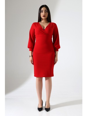 Kırmızı Kruvaze Yaka Kol Manşetli Midi Elbise