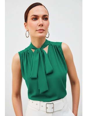 Sateen Fularlı Kolsuz Bluz - Yeşil