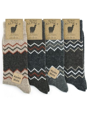 Gowith 4 Çift Alpaka Yünlü Zikzak Desenli Termal Yıkamalı Doğal Kışlık Kadın Erkek Çorap 3099