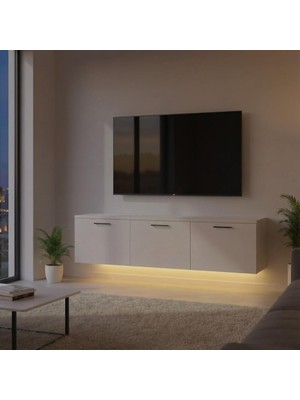 Modern LED Işıklı Tv Ünitesi, 3 Kapaklı Bölmeli, Duvar Montajlı Tasarım, Beyaz, 150X30X30 cm