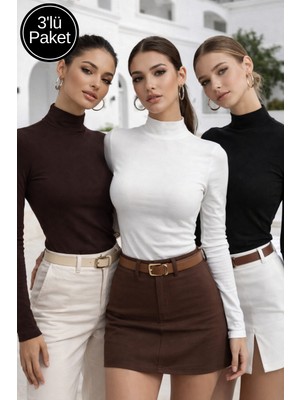 Rich Kadın Siyah Beyaz Kahverengi 3'li Paket Yarım Balıkçı Yaka Uzun Kollu Crop Bluz