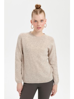 Desen Triko Kadın Sıfır Yaka Klasik Yün Kazak 23163 V.bej