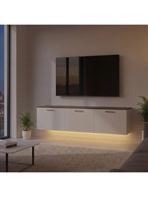 Modern LED Işıklı Tv Ünitesi, Dekoratif 3 Kapak Bölmeli, Modern Tasarım Çam-Beyaz Renk 150X30X30CM