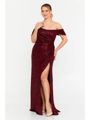 Şeref Vural Kadın Büyük Beden Pul Payet Düşük Omuz Maxi Abiye Elbise 8393 Bordo