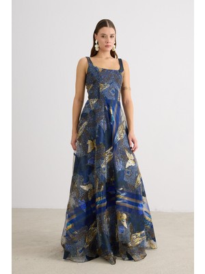 Carmen Kadın Kare Yaka Jakarlı Abiye Elbise 58605 Lacivert